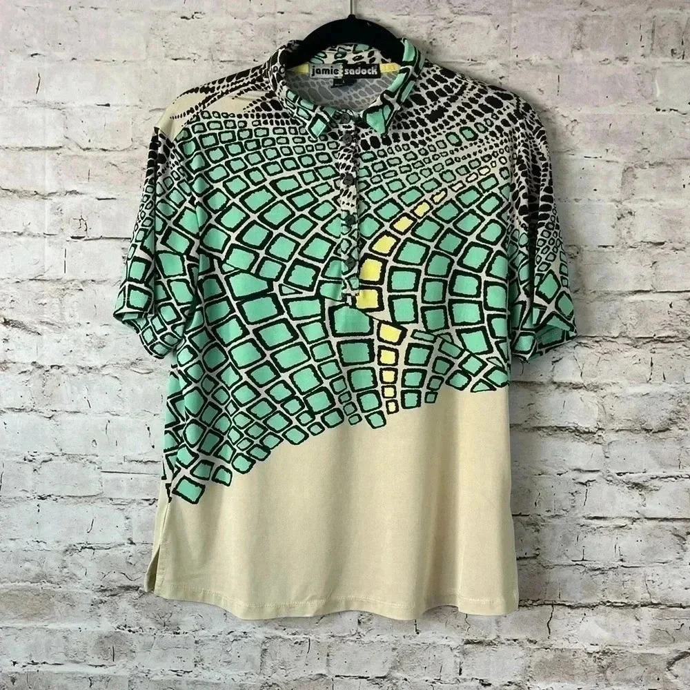 jamie sadock Women's Large Short Sleeve Polo Shirt Golf Tan Mint Yellow Black L